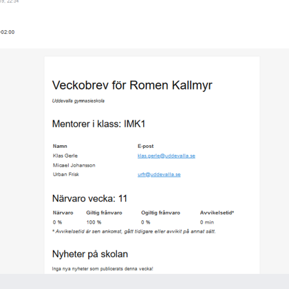седмично писмо от у-ще Маргретегердскулан за 100 процента отсъствие заради физич изтощение