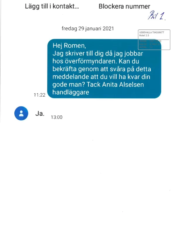 Överförmyndarnämnden i Uddevalla falsificeraren SMS-konversation med Romen