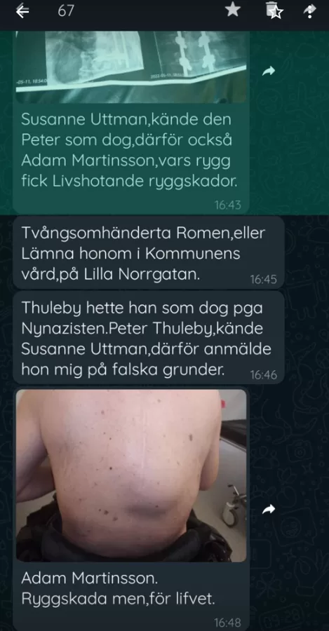 Thomas Kallmyr hotar i sin WhatsApp-chatt min rygg att få livtidsbestående skadir. min ryg